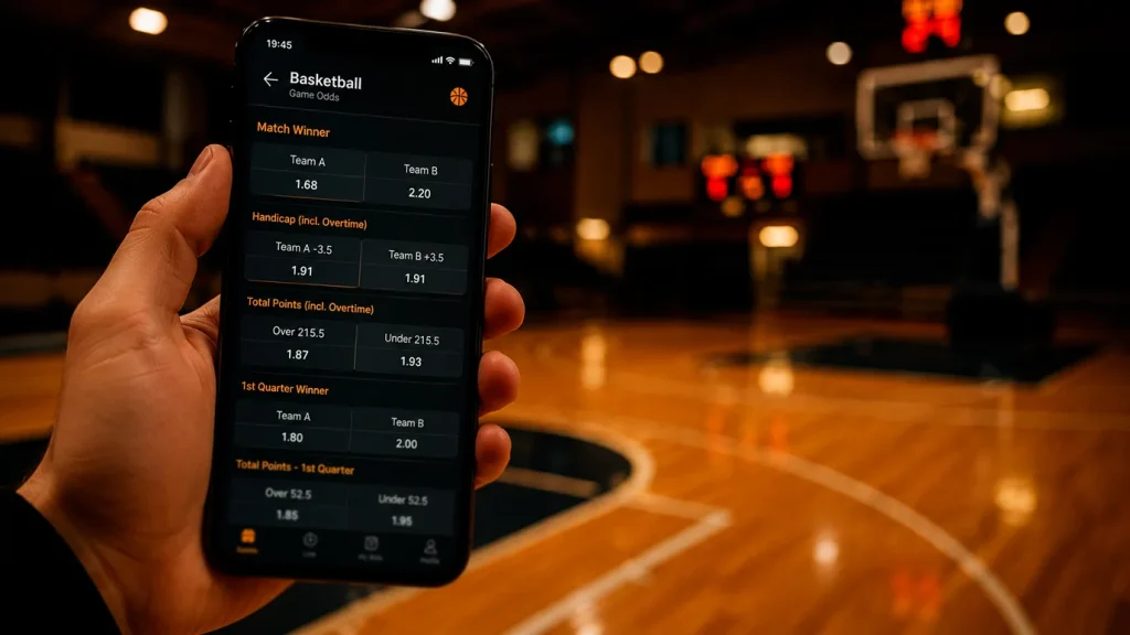 Smartphone displaying basketball betting odds with a basketball court visible in the background