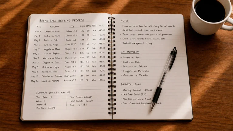 Notebook with basketball betting records and a pen on a wooden desk