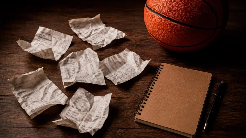 Crumpled betting slips scattered on a desk next to a basketball and a notebook