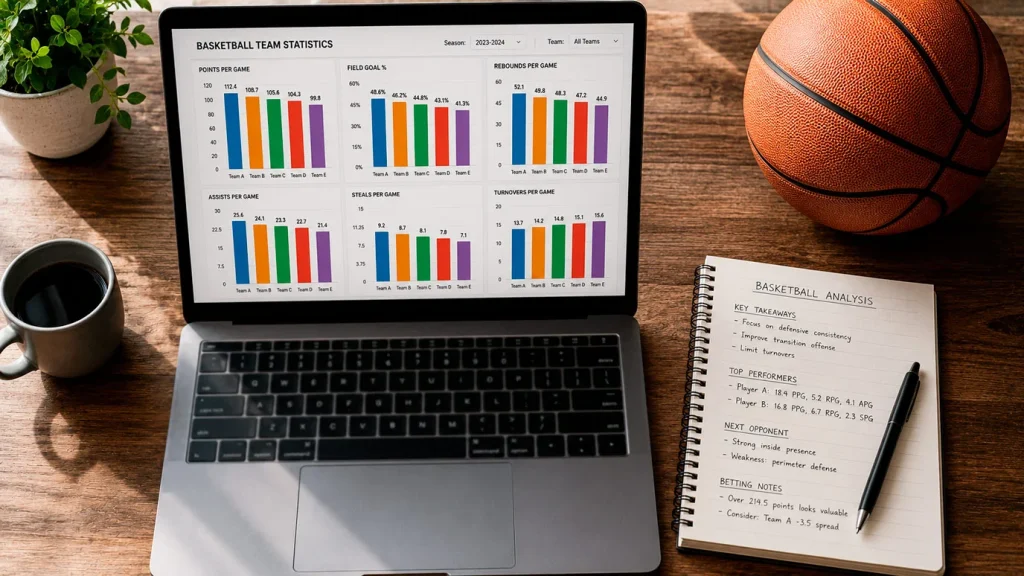 Laptop displaying basketball statistical charts and graphs next to a notepad with handwritten analysis