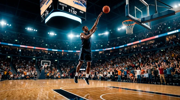 Basketball player taking a jump shot at the opening tip-off of an NBA game