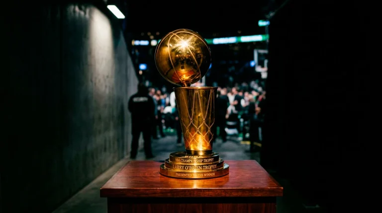NBA championship trophy with futures odds board showing team prices