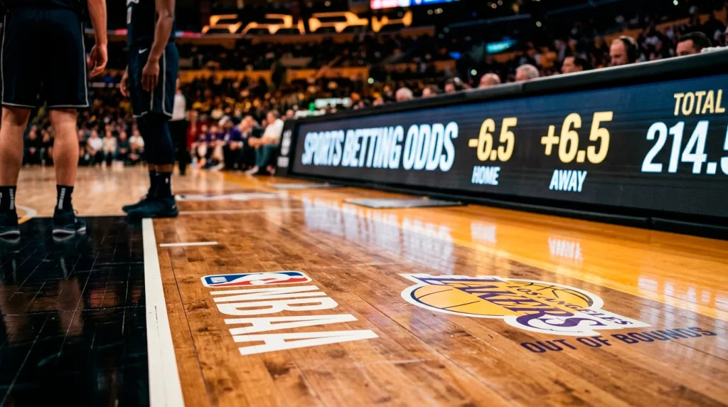 Basketball court with point spread numbers displayed on a digital scoreboard