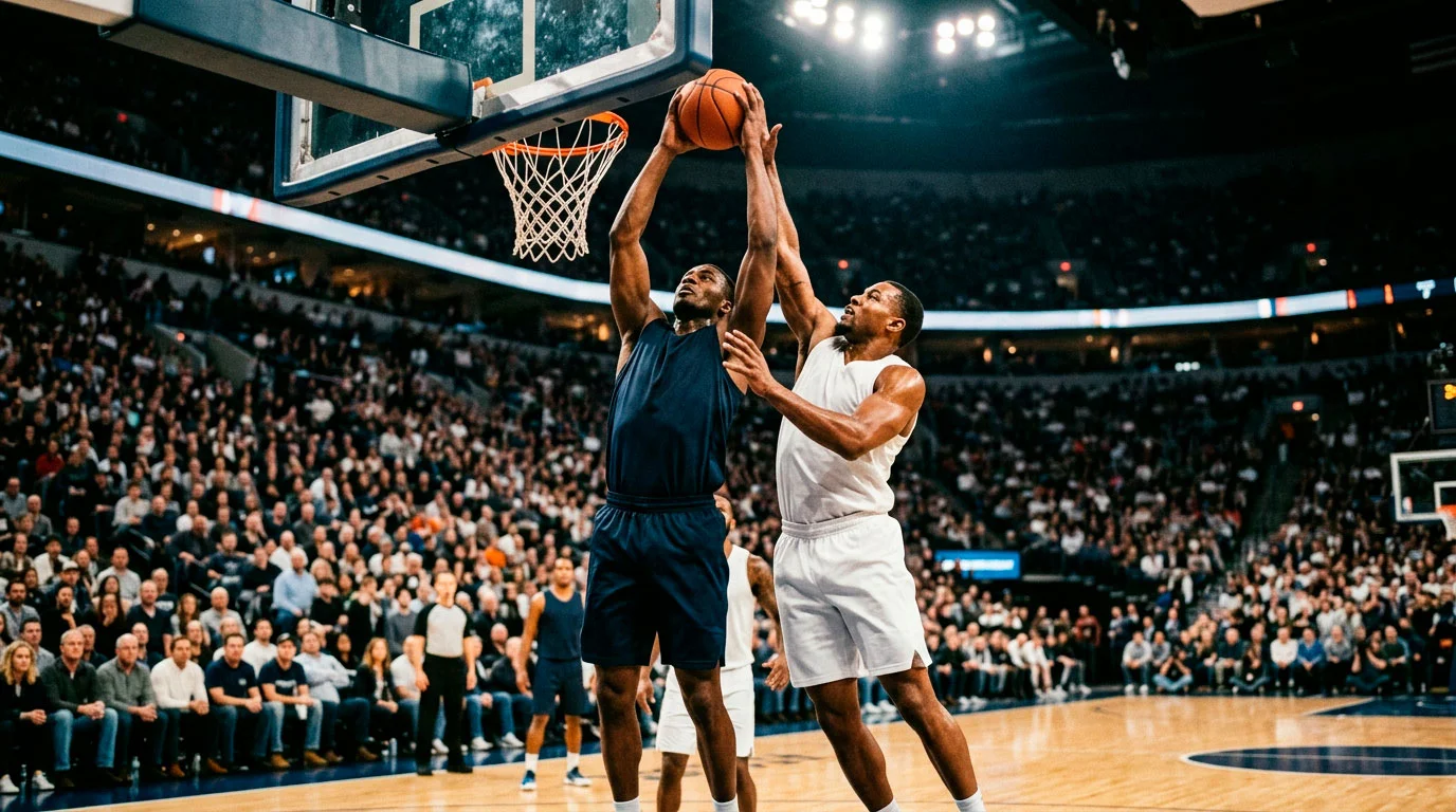Professional basketball game in progress with players contesting a rebound under the basket in a packed arena