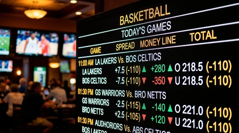 Digital odds board showing basketball betting lines with arrows indicating movement