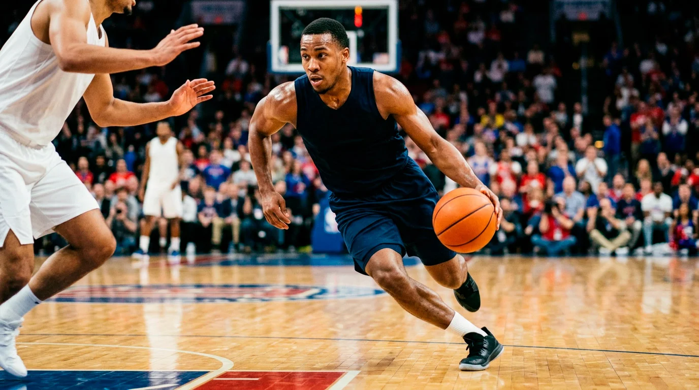 Close-up of a basketball player dribbling past a defender during a fast break in a professional league game