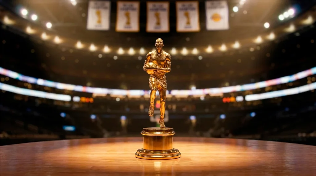 Basketball player holding an MVP trophy at an awards ceremony with spotlight overhead