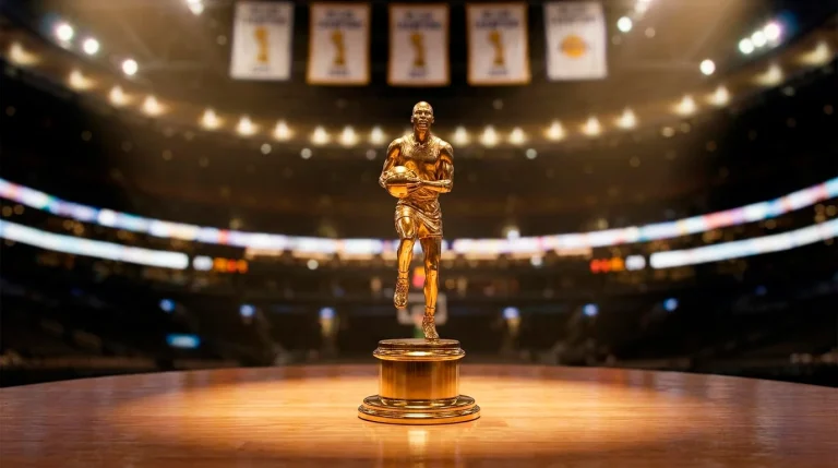 Basketball player holding an MVP trophy at an awards ceremony with spotlight overhead