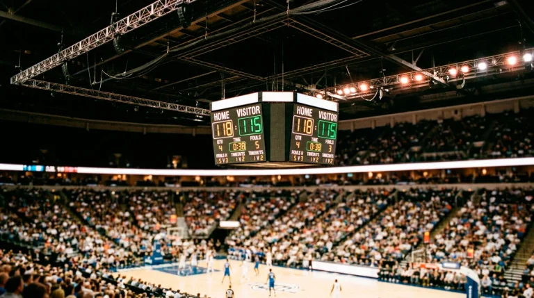 Basketball scoreboard showing high-scoring game with totals betting line overlay