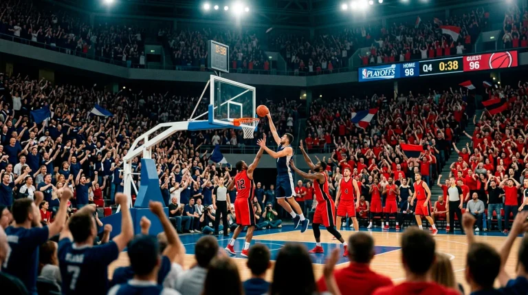 Packed basketball arena during a high-stakes playoff game with scoreboard showing close score