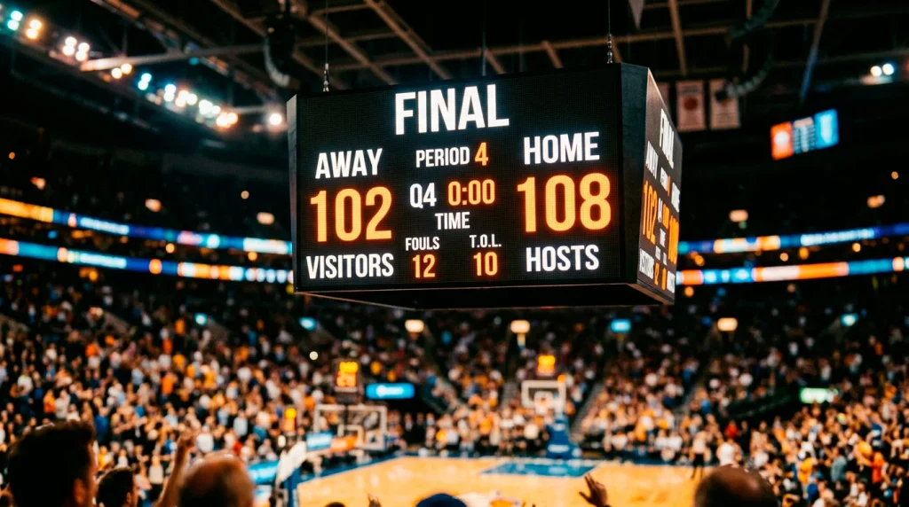 Basketball scoreboard showing exact point spread margin with betting slip overlay