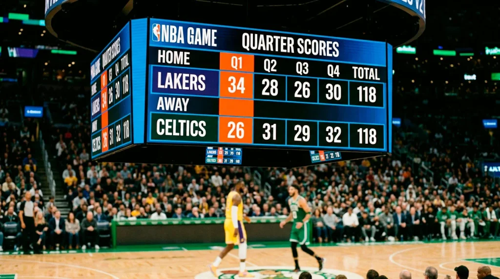 NBA game scoreboard showing quarter-by-quarter scoring with betting lines