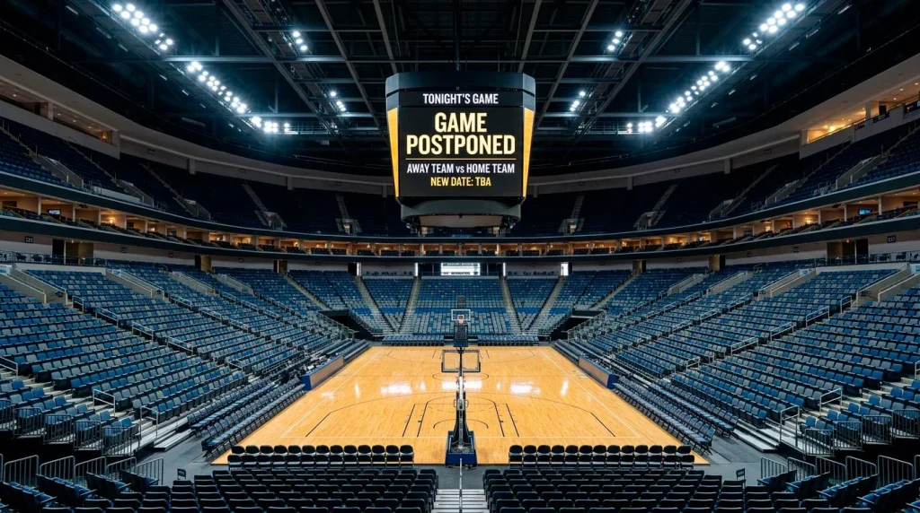 Empty basketball arena with cancelled game notification on scoreboard