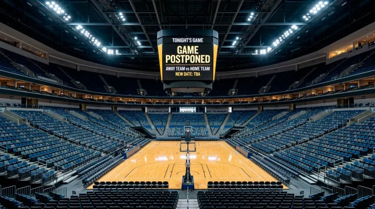 Empty basketball arena with cancelled game notification on scoreboard