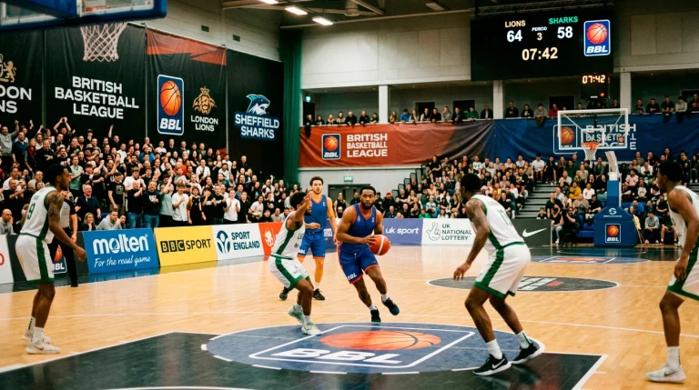 British Basketball League game in UK arena with BBL court markings