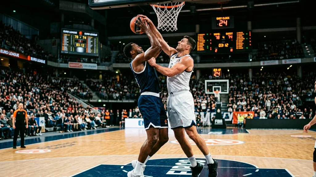 European basketball arena during EuroLeague game with scoreboard showing FIBA format