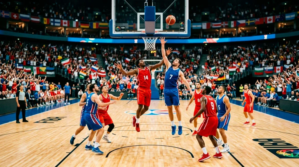 International basketball match between two national teams on a FIBA-standard court