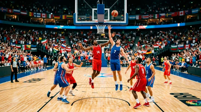 International basketball match between two national teams on a FIBA-standard court