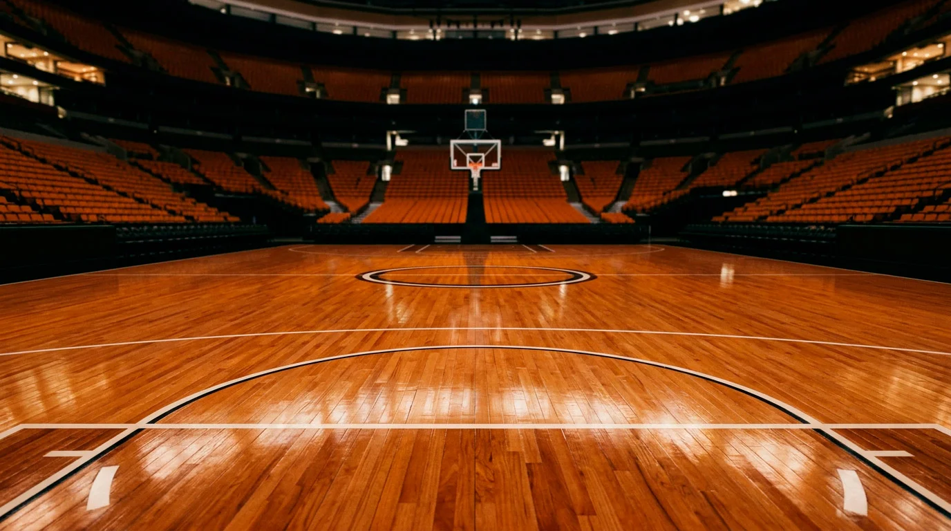 Basketball court sideline view during a professional game under arena lights