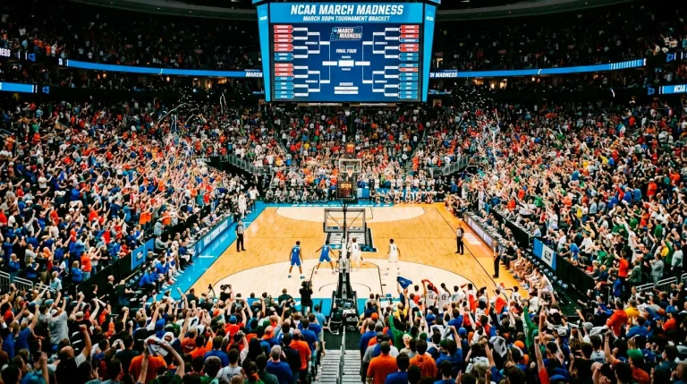 NCAA March Madness tournament bracket with UK betting market indicators