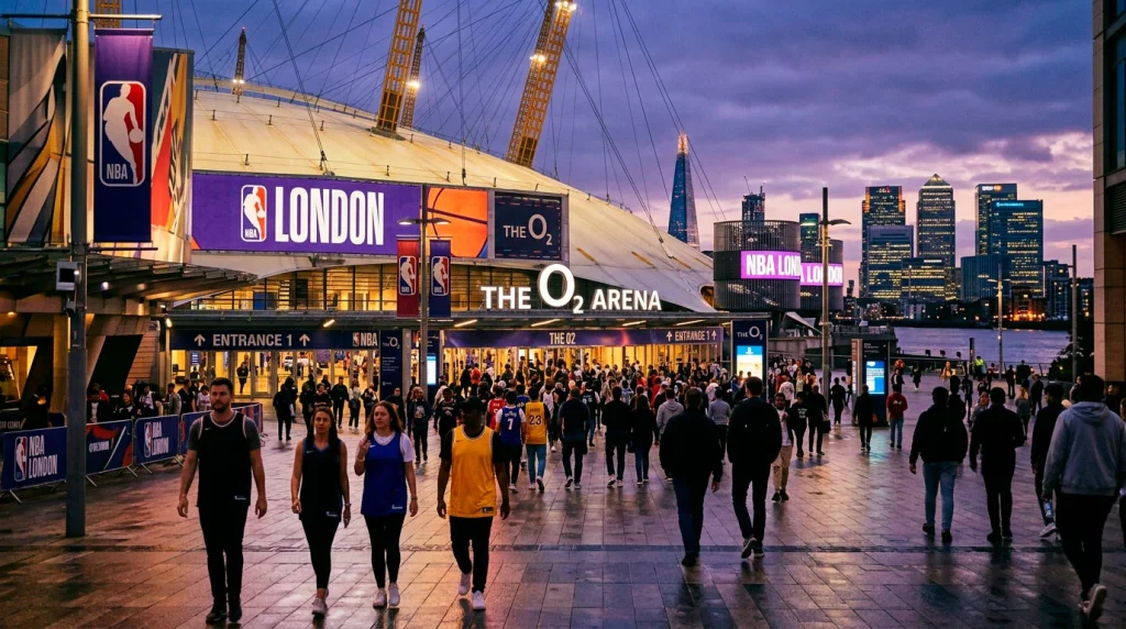 NBA basketball game viewed from UK timezone perspective with GMT clock overlay