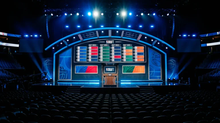NBA draft stage with commissioner at podium and team logos displayed on screen