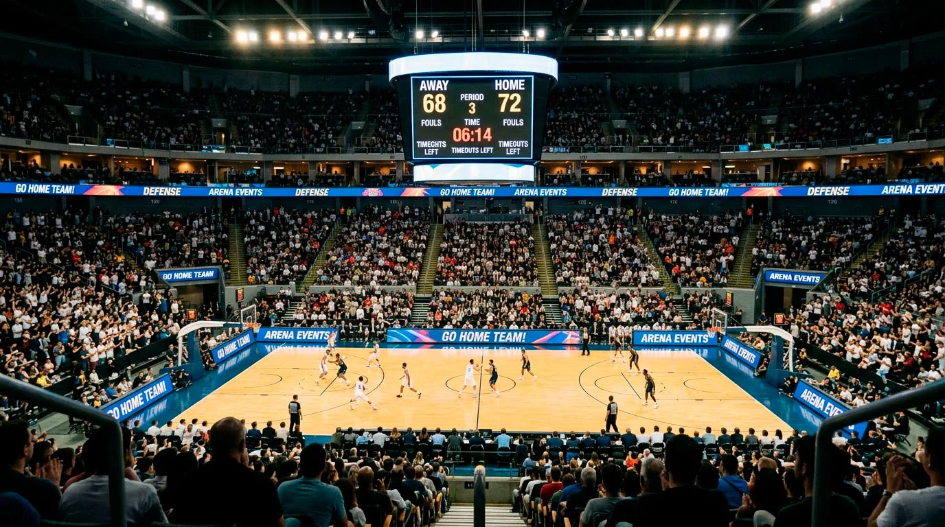 Interior of a large basketball arena during an NBA game with fans in the stands and the court brightly lit