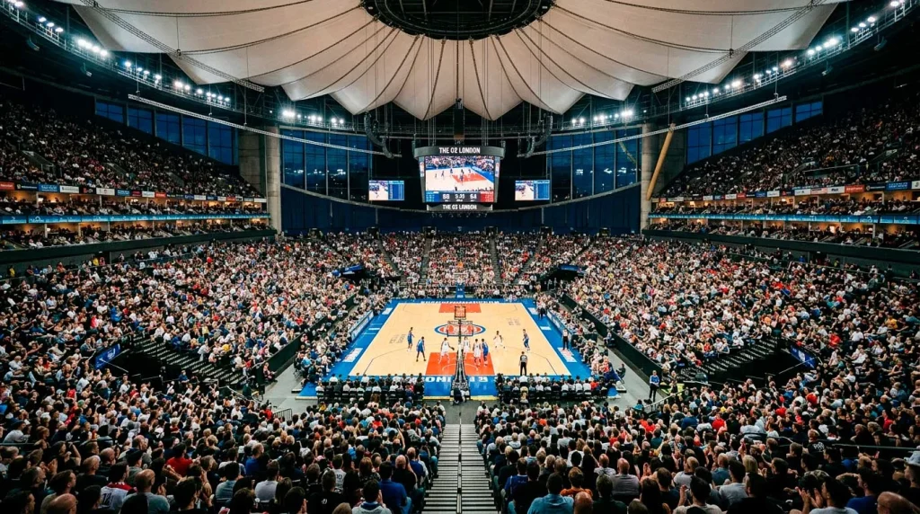 O2 Arena London set up for NBA basketball game with UK fans