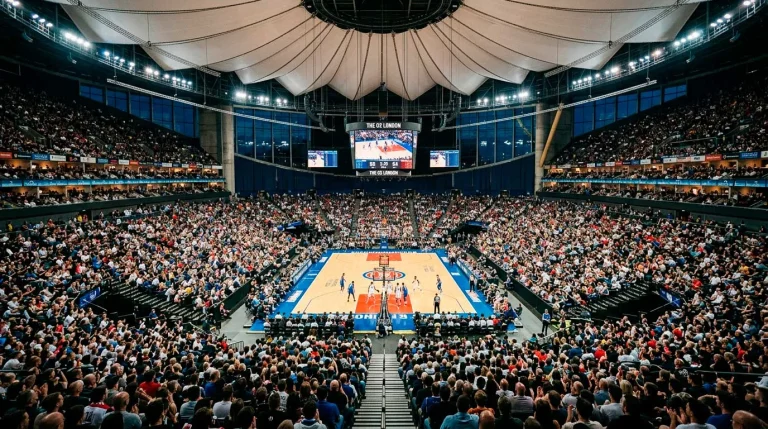 O2 Arena London set up for NBA basketball game with UK fans