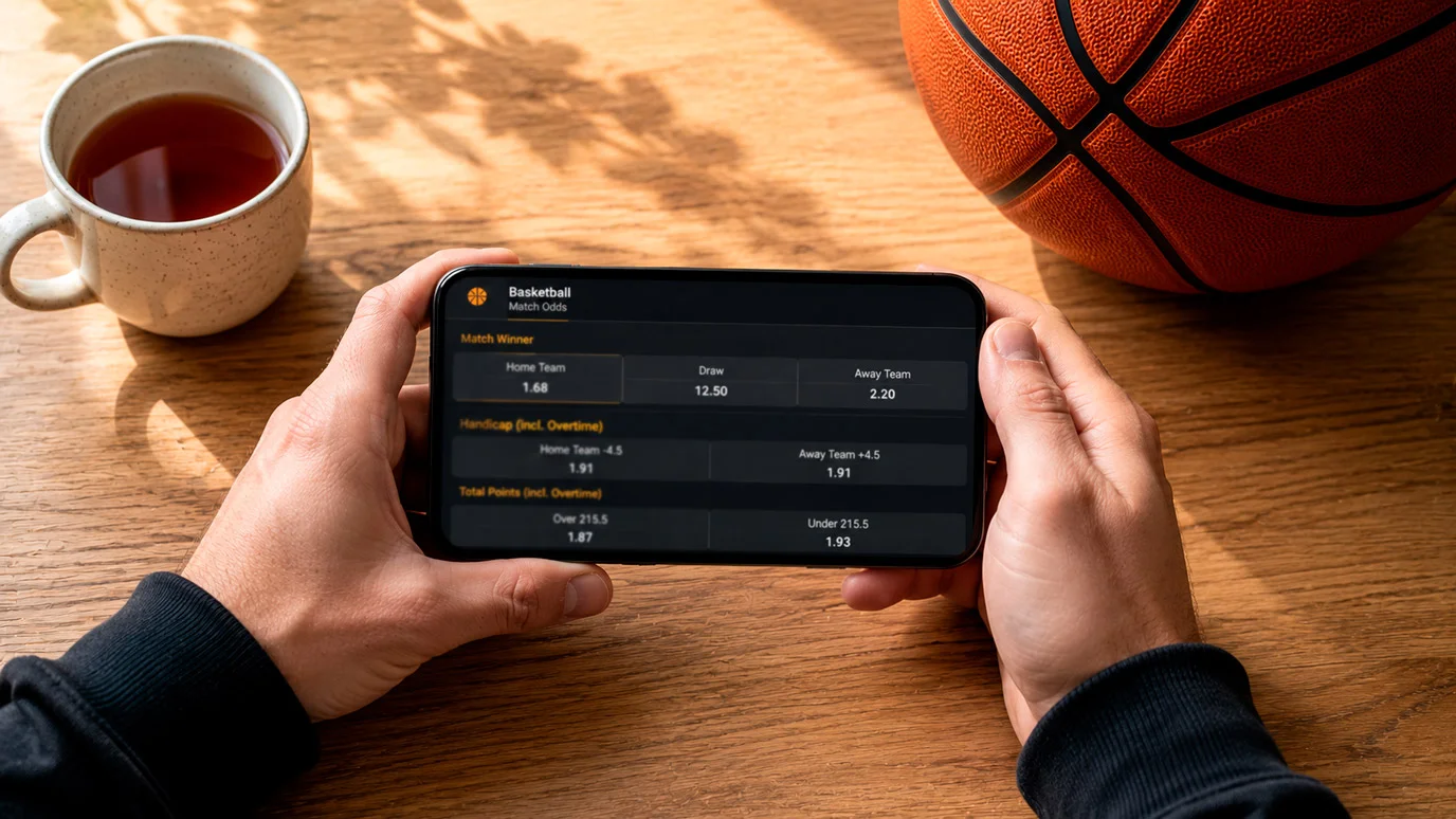 Smartphone displaying basketball betting odds on a UK sportsbook app next to a basketball on a wooden court