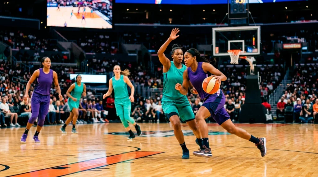 WNBA game in progress with two teams competing on a brightly lit indoor court